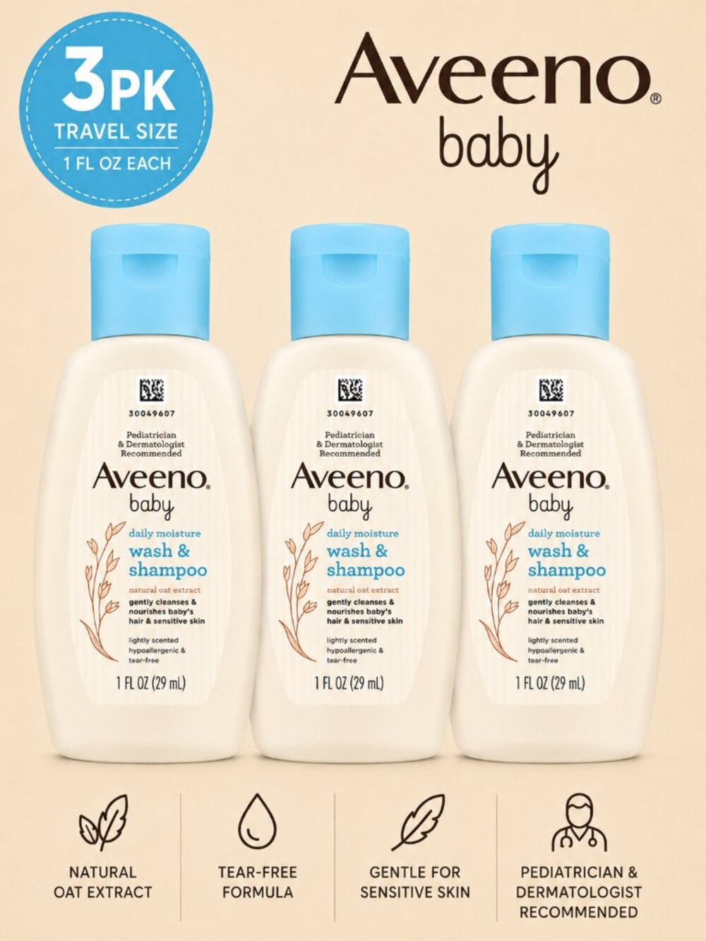 Aveeno Baby Daily Moisture Wash & Shampoo Travel Size 1oz 3PK Bundle